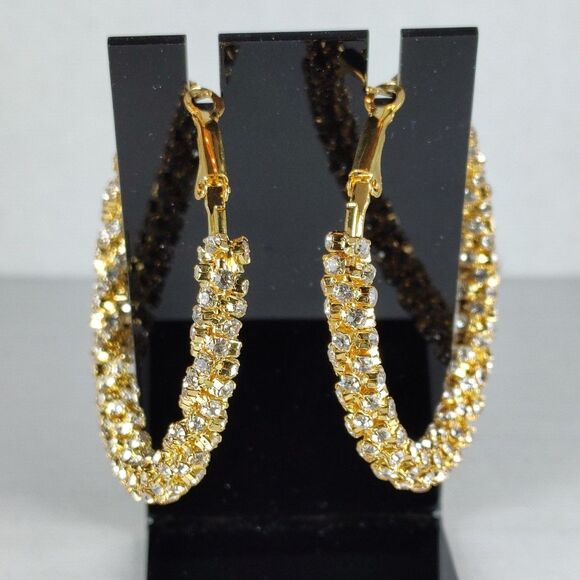 Gold Tone Metal White Colorless Rhinestones Hoop Statement Fashion Earrings - Picture 15 of 16